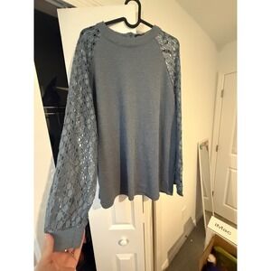 Miholl Blue Gray Waffle Knit Top Geometric Lace Long Sleeve Crew Neck Blouse XXL